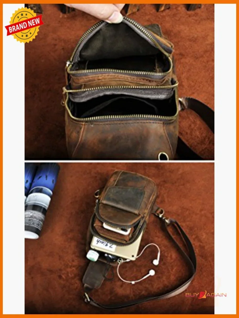 Genuine Leather Crossbody Sling Bag for Travel Hiking Outdoor Casual Daypack